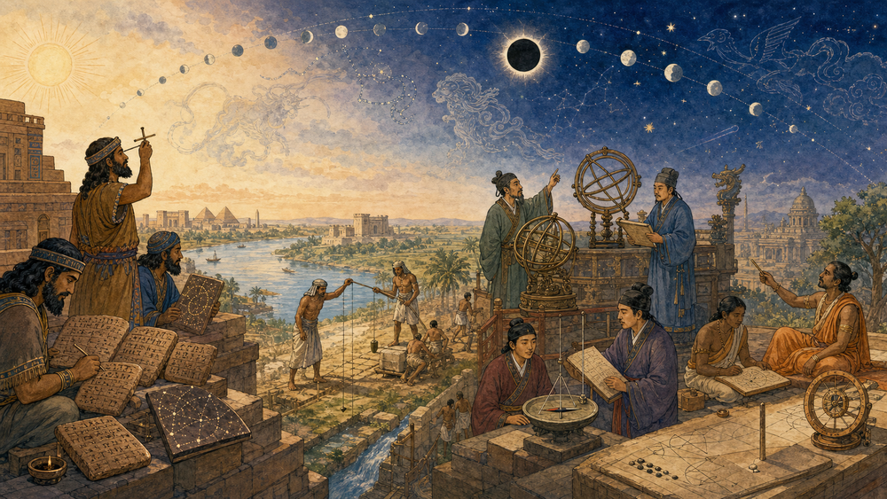 Ilustração da história da física: ilustração de astrônomos e sacerdotes de diferentes civilizações antigas (babilônios, egípcios, chineses e indianos) observando o céu, eclipses e fases da Lua, usando instrumentos como esferas armilares e fios de prumo, representando as origens da observação sistemática da natureza