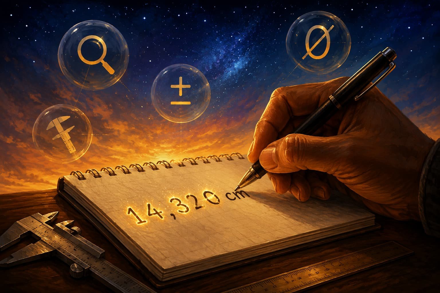 Mão escrevendo o número 14,320 cm em um caderno, com os algarismos significativos em destaque dourado sobre fundo azul estrelado