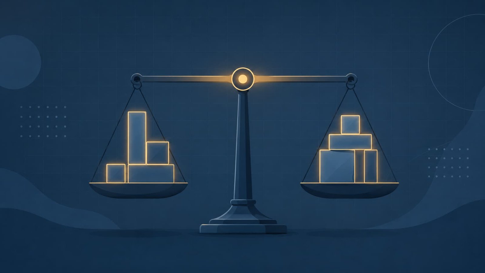Ilustração de uma balança em equilíbrio perfeito, com blocos geométricos diferentes em cada prato, representando a análise dimensional e a homogeneidade dimensional em Física.