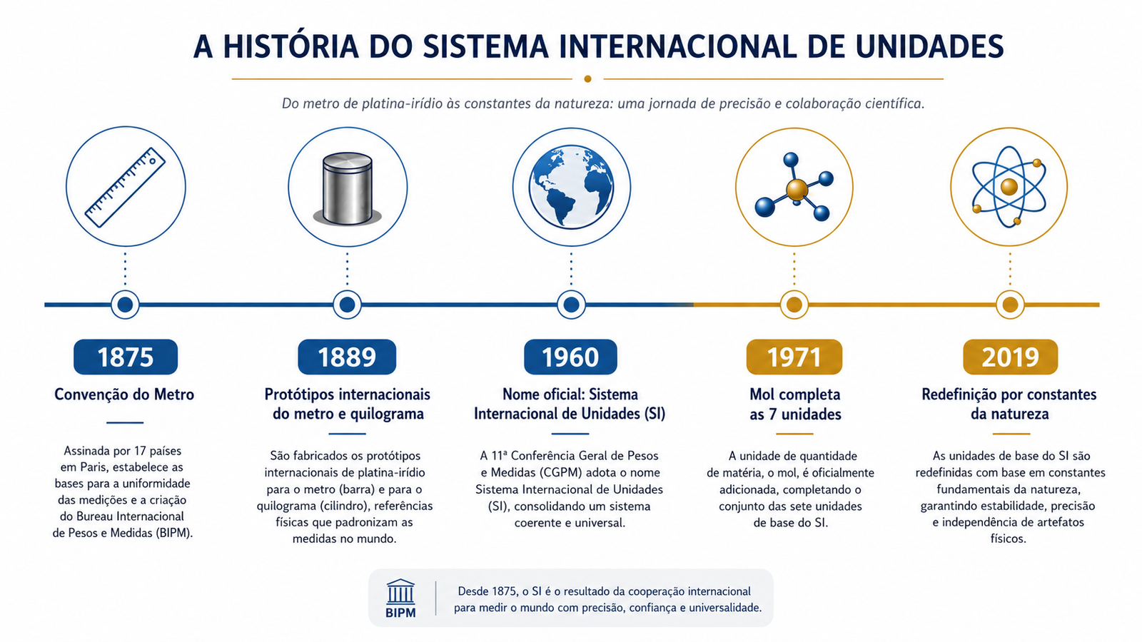 Linha do tempo ilustrada da história do Sistema Internacional de Unidades, de 1875 a 2019, mostrando a Convenção do Metro, os protótipos internacionais, o batismo do SI, a adição do mol e a redefinição por constantes da natureza.