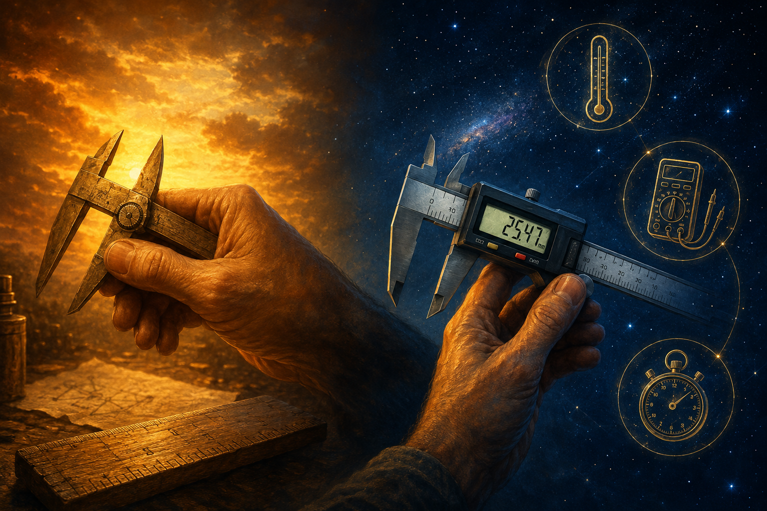 Instrumentos de medida evoluindo no tempo: mão segurando paquímetro antigo em luz dourada à esquerda, transformando-se em paquímetro digital moderno sob céu estrelado à direita, com ícones de termômetro, multímetro e cronômetro