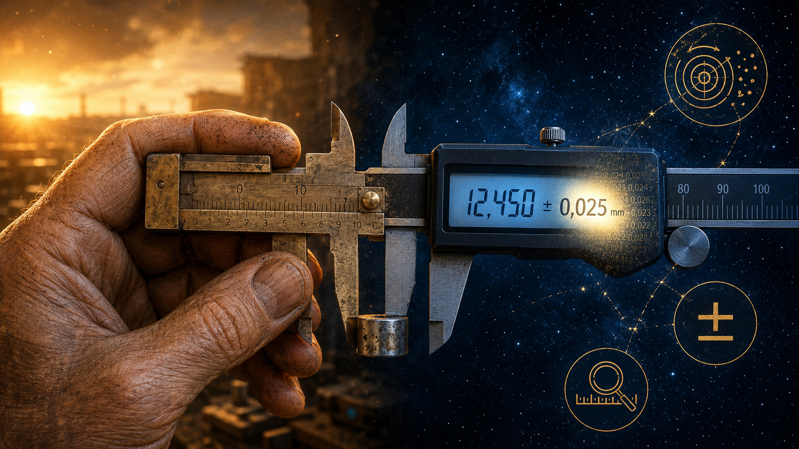 Mão segurando um paquímetro antigo em luz dourada à esquerda, transformando-se em paquímetro digital moderno sob céu estrelado à direita, com o visor mostrando 12,450 ± 0,025 mm dissolvendo-se em um halo de incerteza, cercado por ícones de alvo de precisão, símbolo de mais-ou-menos e lupa sobre uma escala