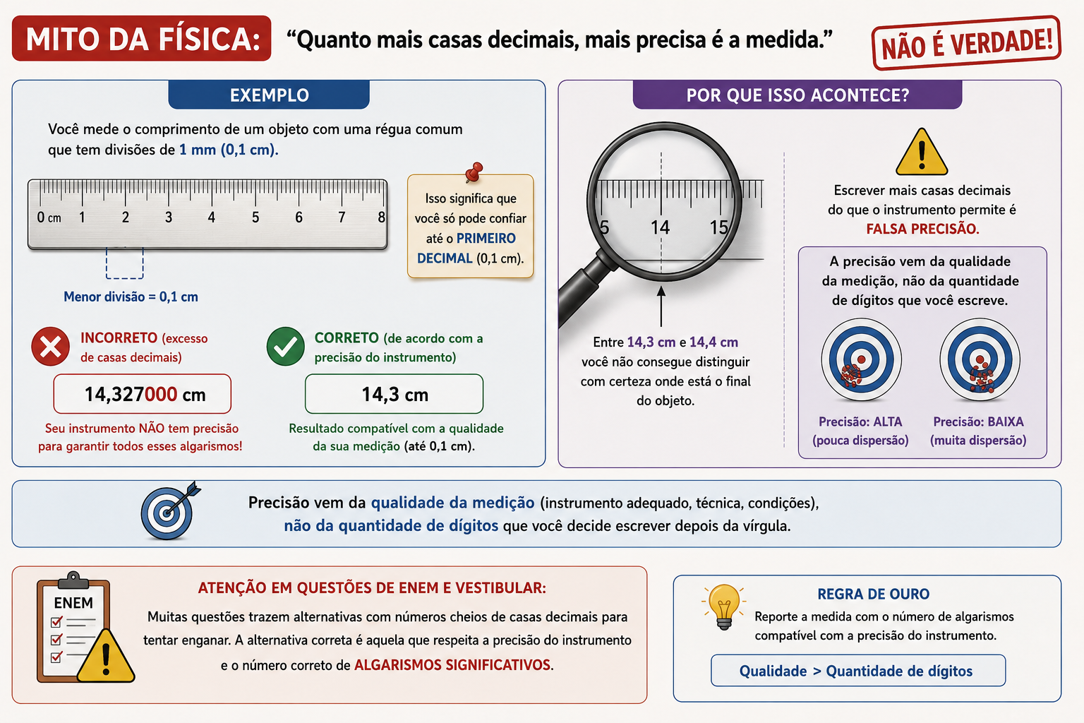 Infográfico sobre o mito de que mais casas decimais significam mais precisão, mostrando um exemplo incorreto (14,327000 cm) e o correto (14,3 cm) com uma régua
