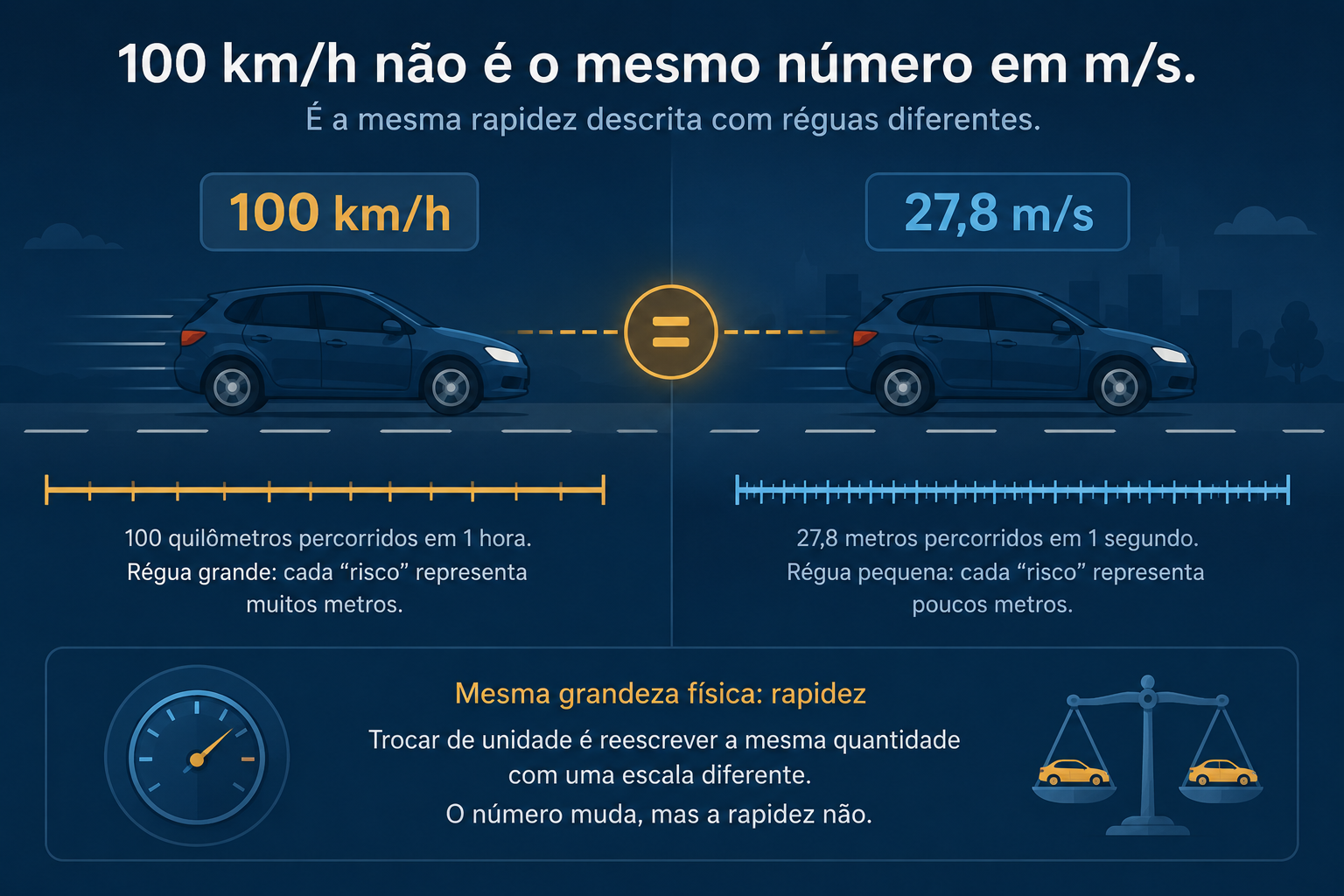Infográfico comparando 100 km/h e 27,8 m/s: dois carros idênticos representando a mesma rapidez, cada um ao lado de uma régua de escala diferente (uma grande, uma pequena) e uma balança em equilíbrio, ilustrando que trocar de unidade muda o número mas não a grandeza física.