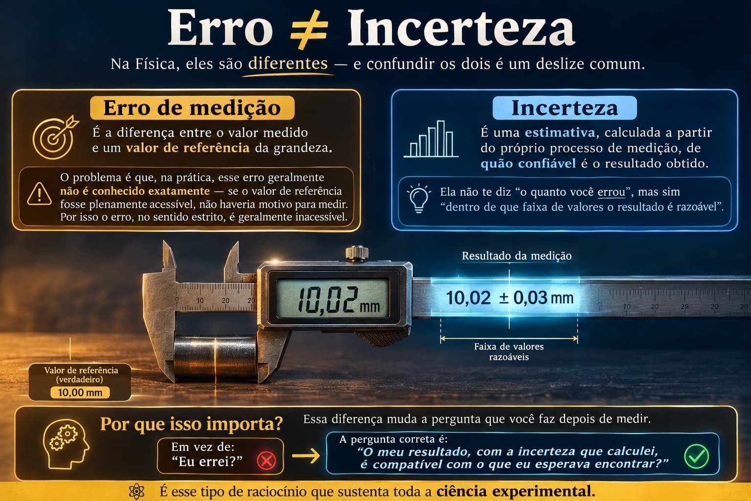 Comparação entre erro de medição e incerteza, com paquímetro mostrando leitura de 10,02 mm e resultado expresso como 10,02 ± 0,03 mm