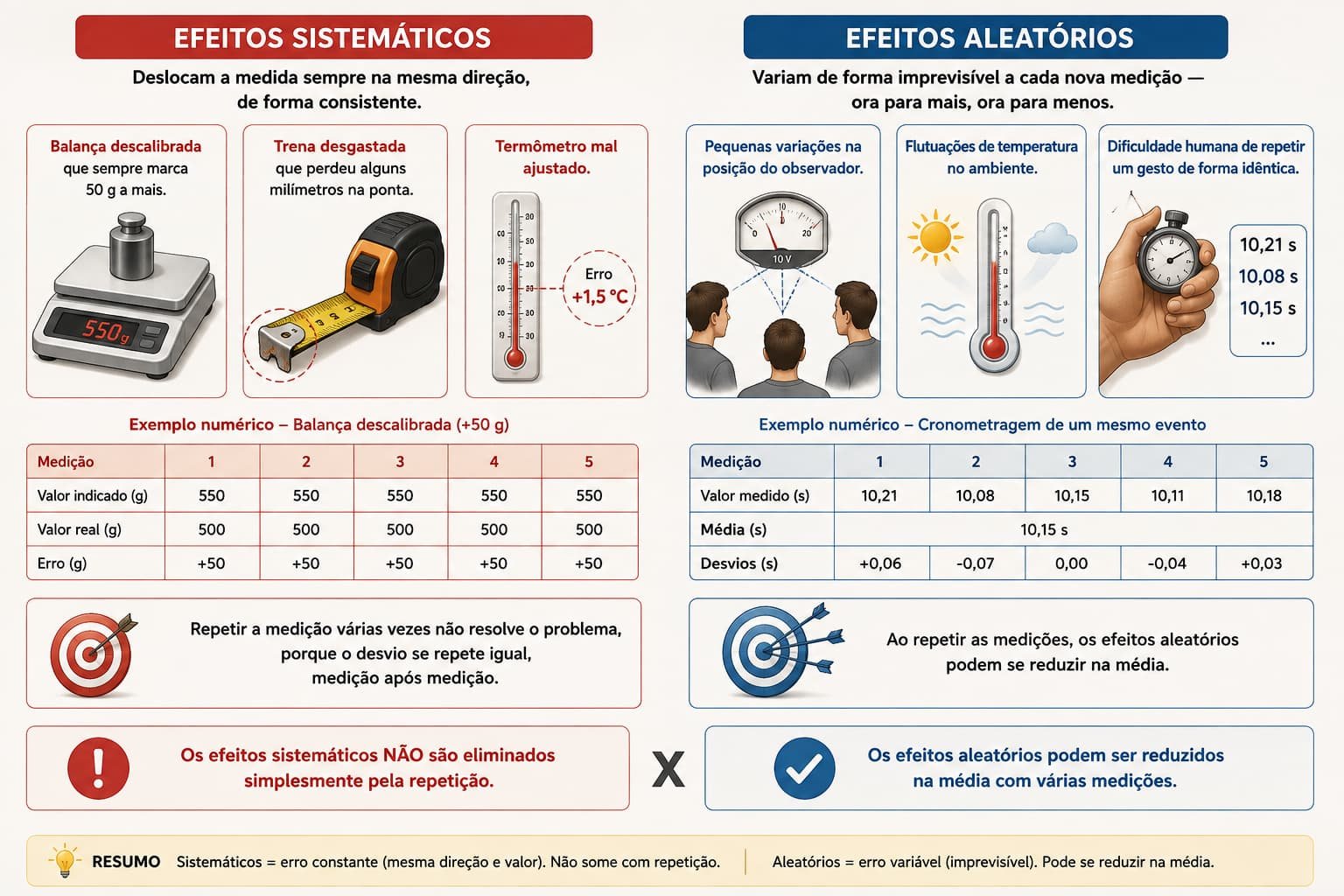 Comparação entre efeitos sistemáticos e aleatórios em medições, com exemplos de balança descalibrada (erro constante de +50 g) e cronometragem repetida de um evento (valores variando em torno da média)