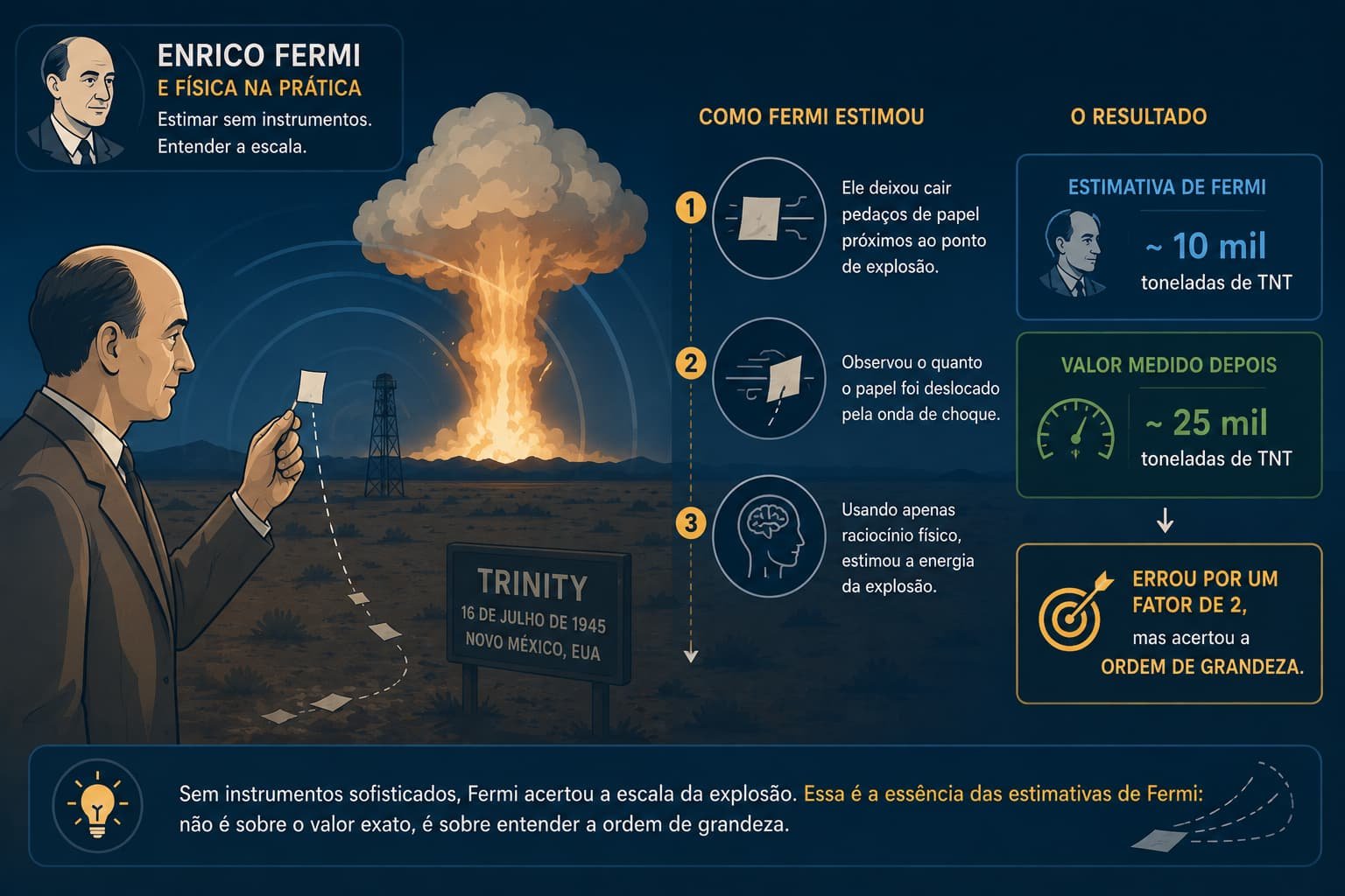 Infográfico sobre a estimativa de Enrico Fermi no teste nuclear Trinity: usando pedaços de papel para medir o deslocamento da onda de choque, ele estimou ~10 mil toneladas de TNT, contra o valor medido depois de ~25 mil toneladas, errando o valor exato, mas acertando a ordem de grandeza.