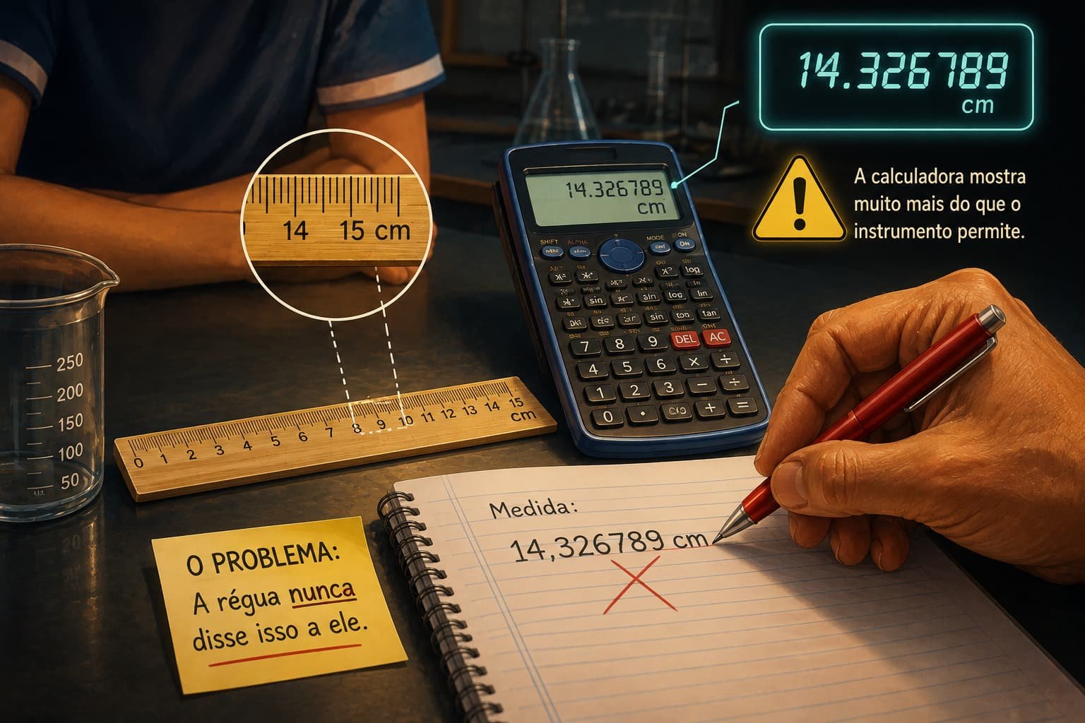 Ilustração de um aluno escrevendo "14,326789 cm" em um caderno, com régua ao fundo mostrando a leitura entre 14 e 15 cm, uma calculadora científica exibindo o mesmo número decimal e um aviso de que a calculadora mostra mais casas decimais do que a régua realmente permite