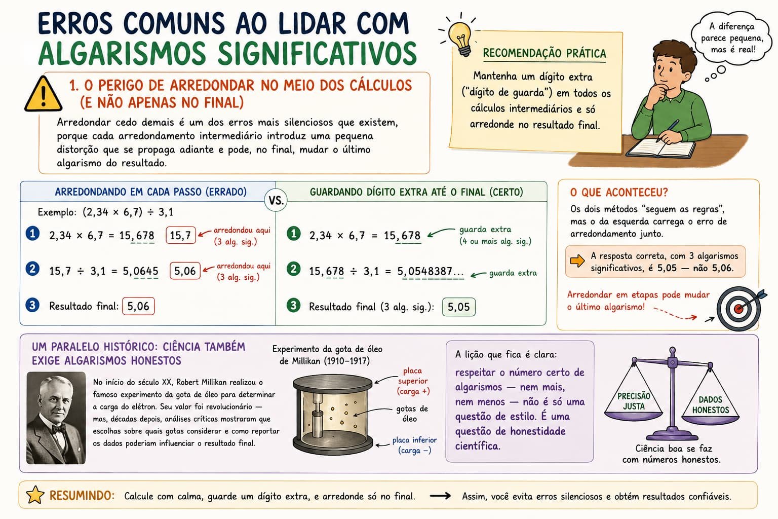 Infográfico "Erros comuns ao lidar com algarismos significativos", comparando o arredondamento em cada etapa (resultado incorreto 5,06) com o arredondamento guardando dígito extra até o final (resultado correto 5,05)