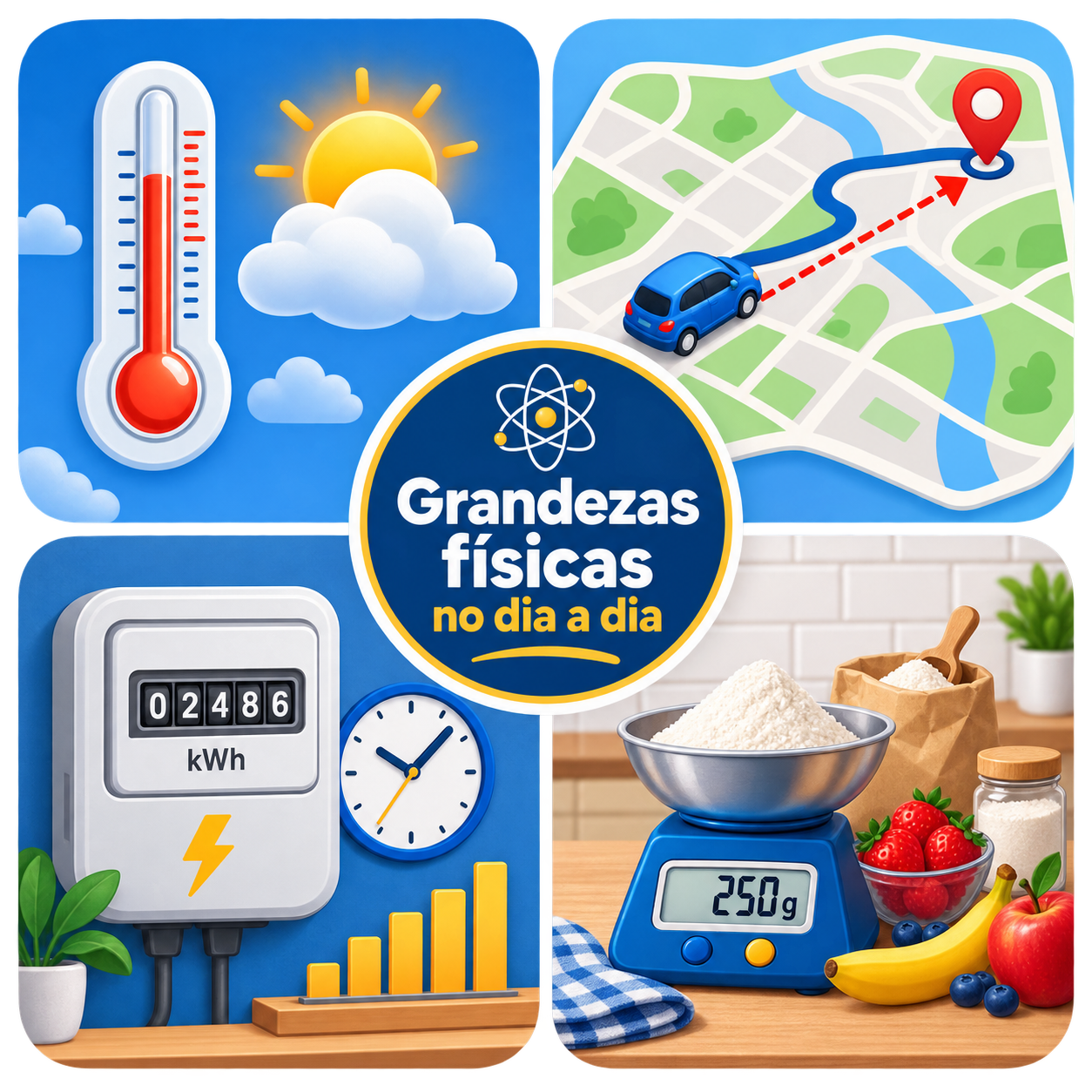 Cartão-resumo com quatro exemplos de grandezas físicas no dia a dia: temperatura em uma previsão do tempo, deslocamento em um aplicativo de navegação, energia elétrica medida em kWh na conta de luz, e massa de ingredientes em uma receita culinária.