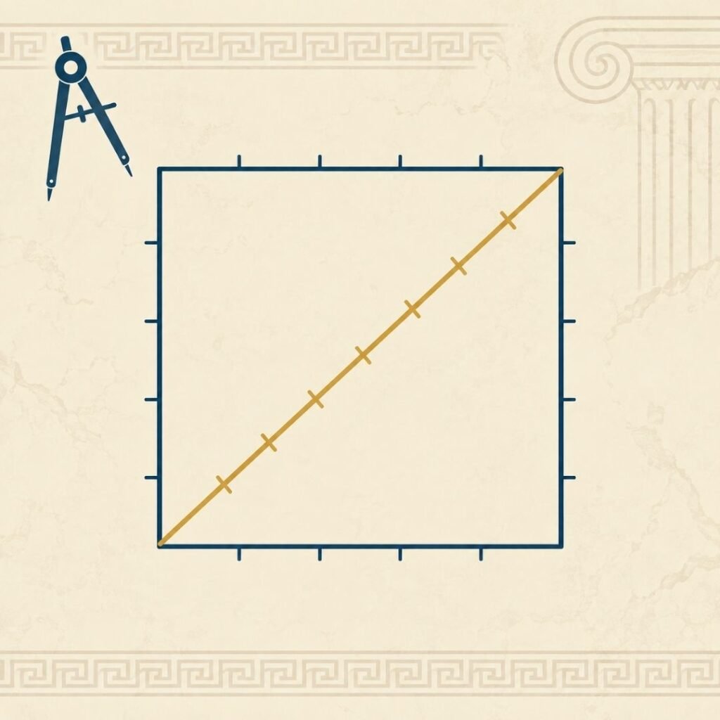 Quadrado com diagonal em destaque, ilustrando a incomensurabilidade entre lado e diagonal na geometria grega antiga