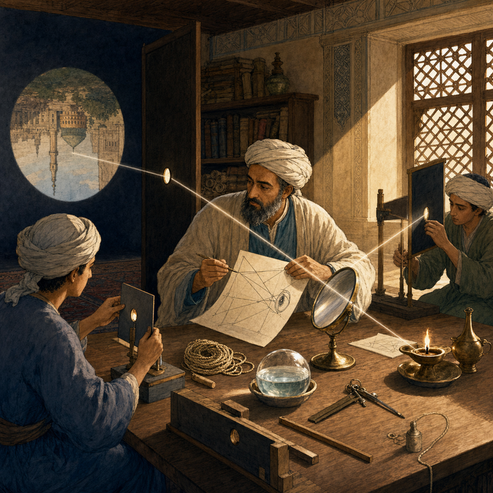 Ilustração de Ibn al-Haytham em seu estúdio no mundo islâmico medieval, realizando experimentos controlados sobre óptica com espelhos, uma esfera de vidro e trajetórias de luz, cercado por discípulos e anotações geométricas, representando seu papel como precursor do método empírico