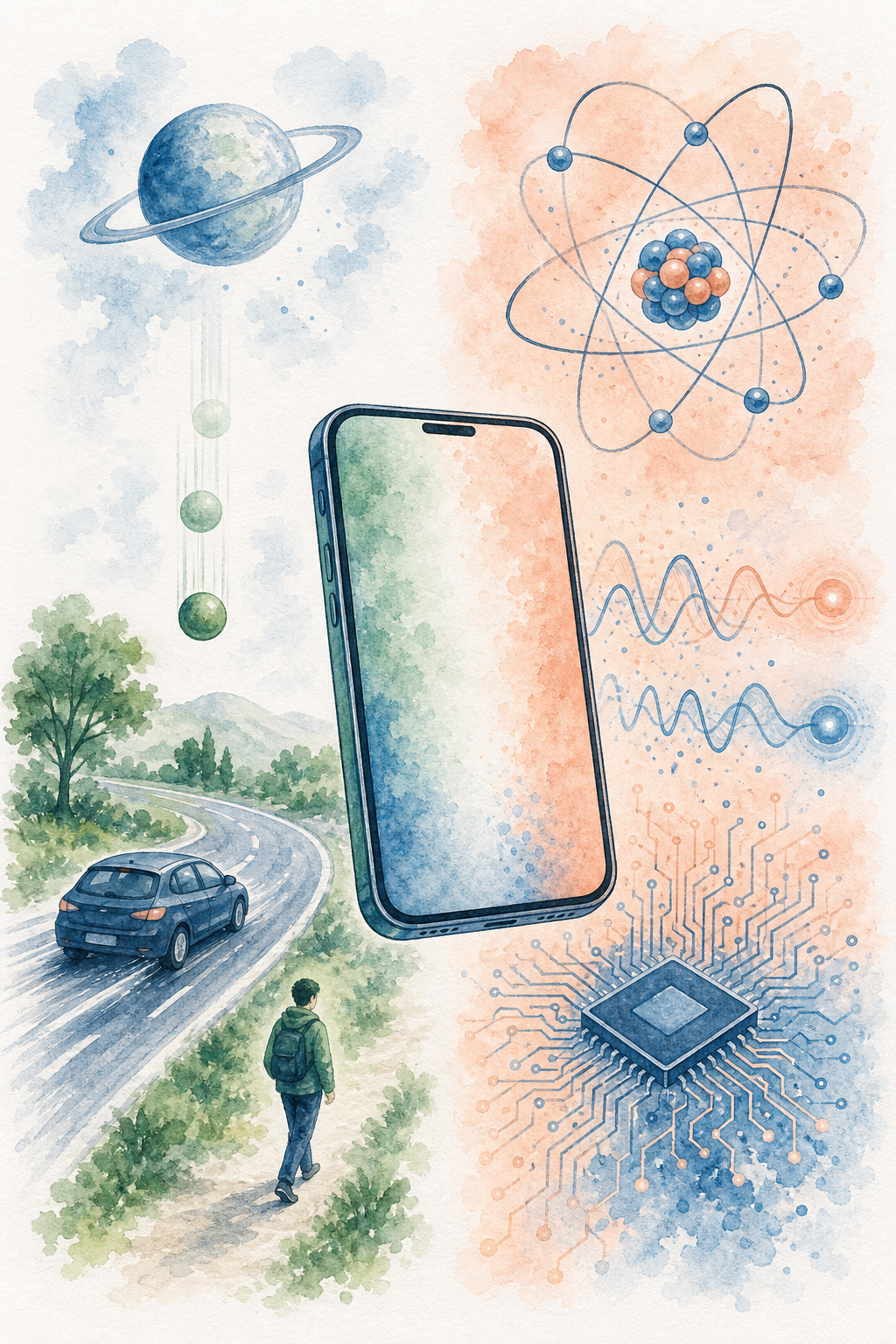 Ilustração comparando a escala macroscópica e a escala microscópica na física, com o celular como exemplo
