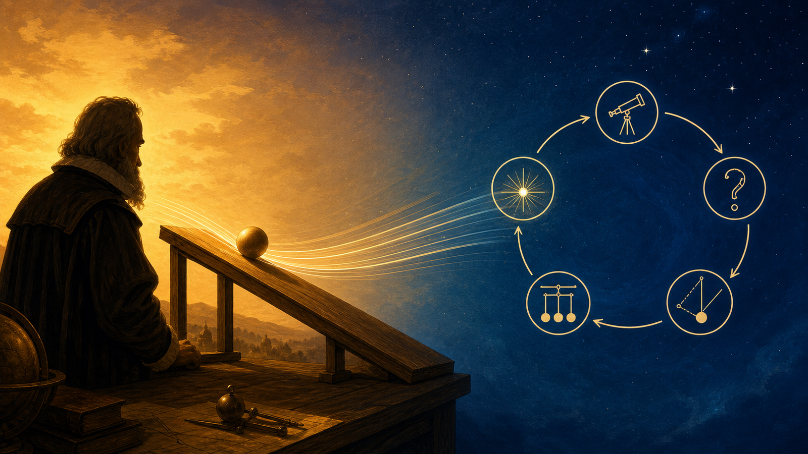 Ilustração simbólica de Galileu observando uma esfera rolar por um plano inclinado, com rastro de luz se transformando em um diagrama circular das etapas do método científico, sob um céu que evolui do dourado ao azul estrelado