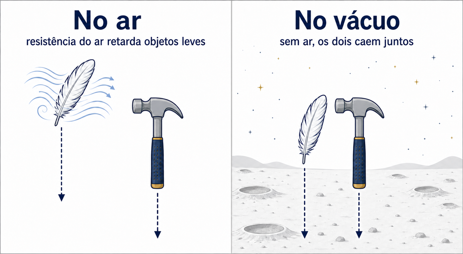Comparação entre a queda de uma pena e um martelo no ar, onde a resistência do ar retarda a pena, e no vácuo, onde os dois objetos caem juntos, como no experimento da Apollo 15