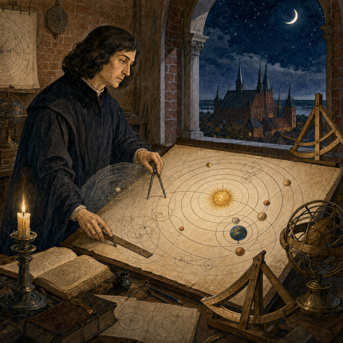 Ilustração de Nicolau Copérnico em seu observatório, desenhando o sistema heliocêntrico com o Sol no centro e os planetas em órbitas circulares, com uma catedral e o céu estrelado visíveis pela janela, representando sua proposta de 1543 de que a Terra se move ao redor do Sol
