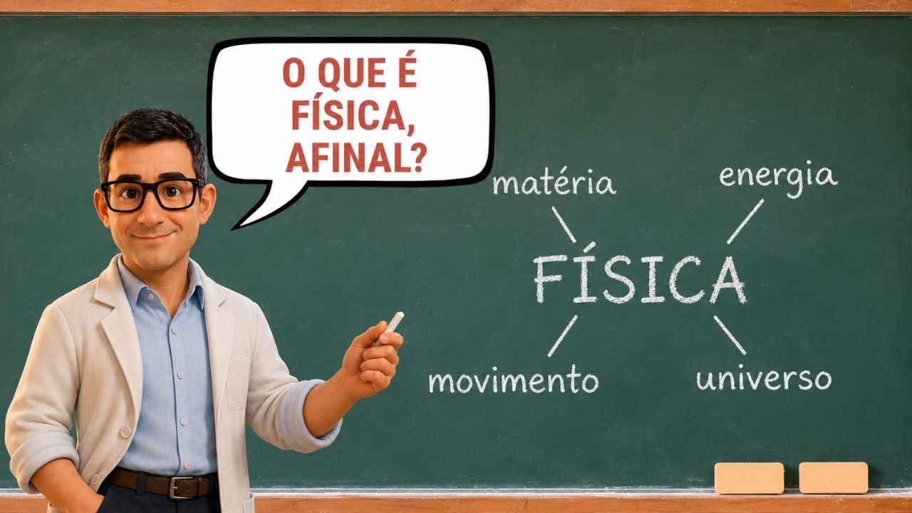 Professor de física apontando para quadro-negro com mapa mental mostrando os temas centrais da física: matéria, energia, movimento e universo