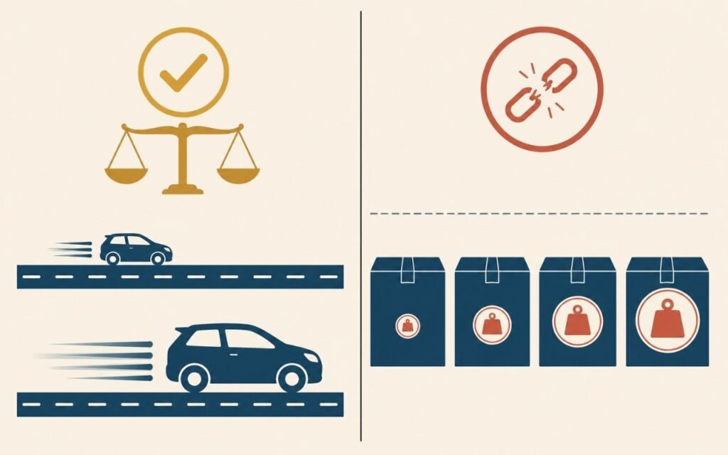 Comparação entre grandezas proporcionais e não proporcionais: carros em velocidades diferentes versus caixas do mesmo tamanho com pesos diferentes