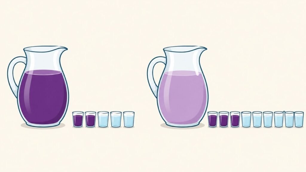 Duas jarras de refresco de uva com proporções diferentes de suco e água, ilustrando o conceito de razão