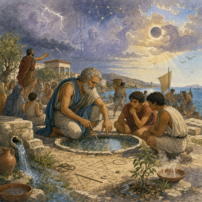 Ilustração de Tales de Mileto observando ondulações na água e explicando fenômenos naturais a dois jovens em uma cidade grega antiga à beira-mar, enquanto figuras mitológicas de deuses como Zeus e Poseidon pairam nas nuvens ao fundo, representando a transição entre explicações mitológicas e naturais