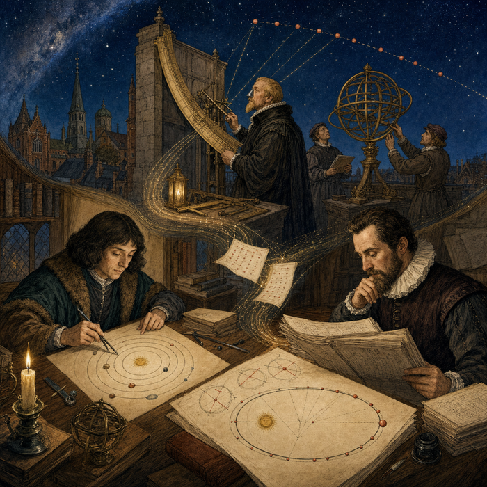 Ilustração de Tycho Brahe observando o céu com um grande instrumento astronômico em um observatório, enquanto Johannes Kepler analisa esses dados em uma mesa, desenhando órbitas elípticas e circulares dos planetas, representando a corrente de descobertas entre observação precisa e leis matemáticas do movimento planetário
