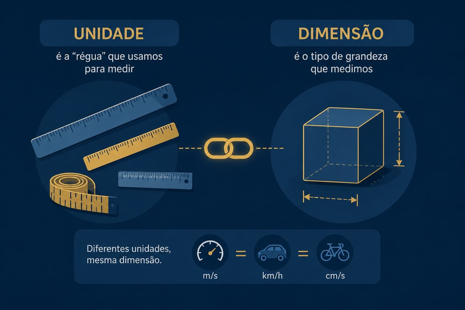 Infográfico comparando unidade e dimensão física: a unidade (como metro ou segundo) é a referência usada para medir uma grandeza, enquanto a dimensão (como comprimento L ou tempo T) descreve sua estrutura física, independente da unidade escolhida.