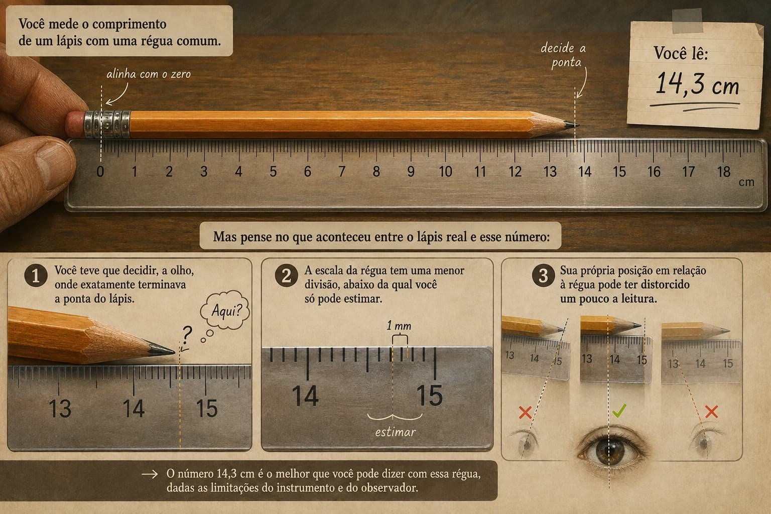 Ilustração mostrando a leitura de uma régua ao medir um lápis: decisão visual da ponta, estimativa abaixo do milímetro e efeito da posição do olho na leitura