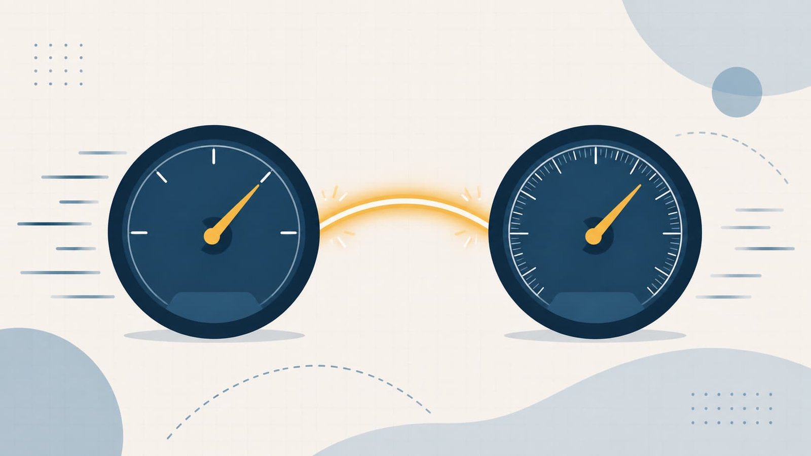 Ilustração de dois velocímetros conectados por um arco luminoso dourado: o da esquerda com poucas divisões na escala e o da direita com divisões mais detalhadas, representando a mesma grandeza física lida em duas unidades diferentes, simbolizando a conversão de unidades.