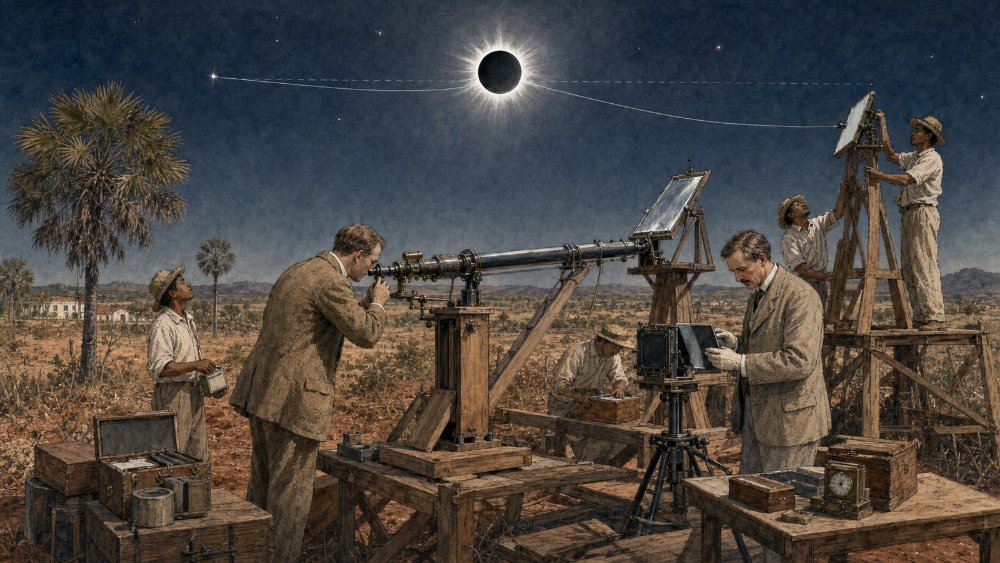 Ilustração da expedição científica britânica em Sobral, no Ceará, durante o eclipse solar total de 29 de maio de 1919, com astrônomos fotografando o eclipse e a coroa solar, e uma linha representando o desvio da luz de uma estrela ao passar perto do Sol, confirmando a previsão da relatividade geral de Einstein