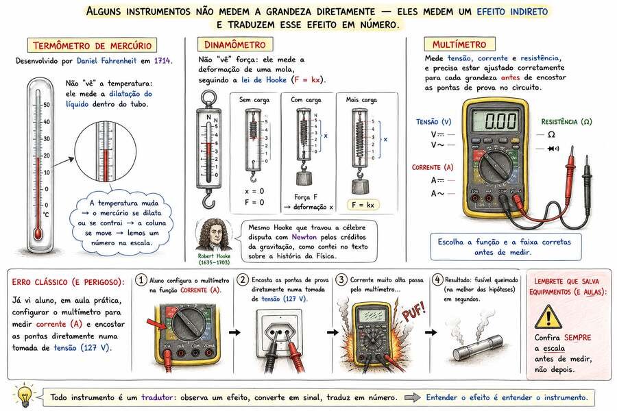 Ilustração mostrando três instrumentos que medem efeitos indiretos: termômetro de mercúrio (dilatação térmica), dinamômetro (Lei de Hooke, F=kx) e multímetro (tensão, corrente e resistência), com um quadrinho mostrando o erro clássico de configurar o multímetro para medir corrente e encostar as pontas numa tomada de tensão