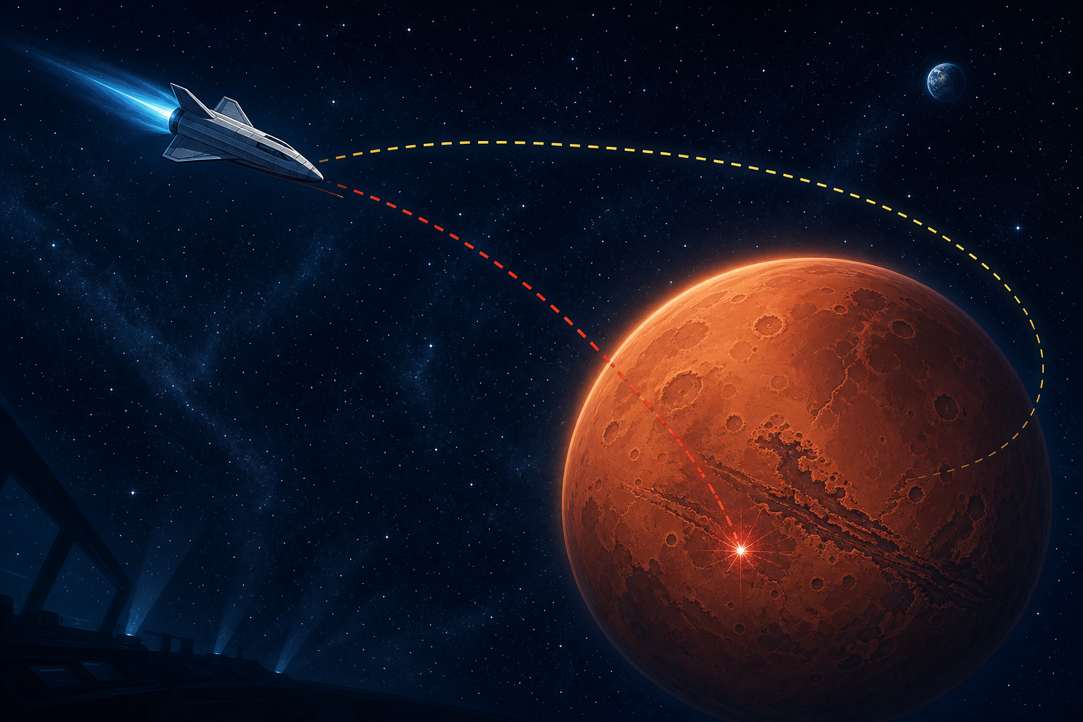 Ilustração da sonda Mars Climate Orbiter da NASA, mostrando a trajetória planejada e a trajetória real divergente que resultou na perda da espaçonave ao se aproximar de Marte.
