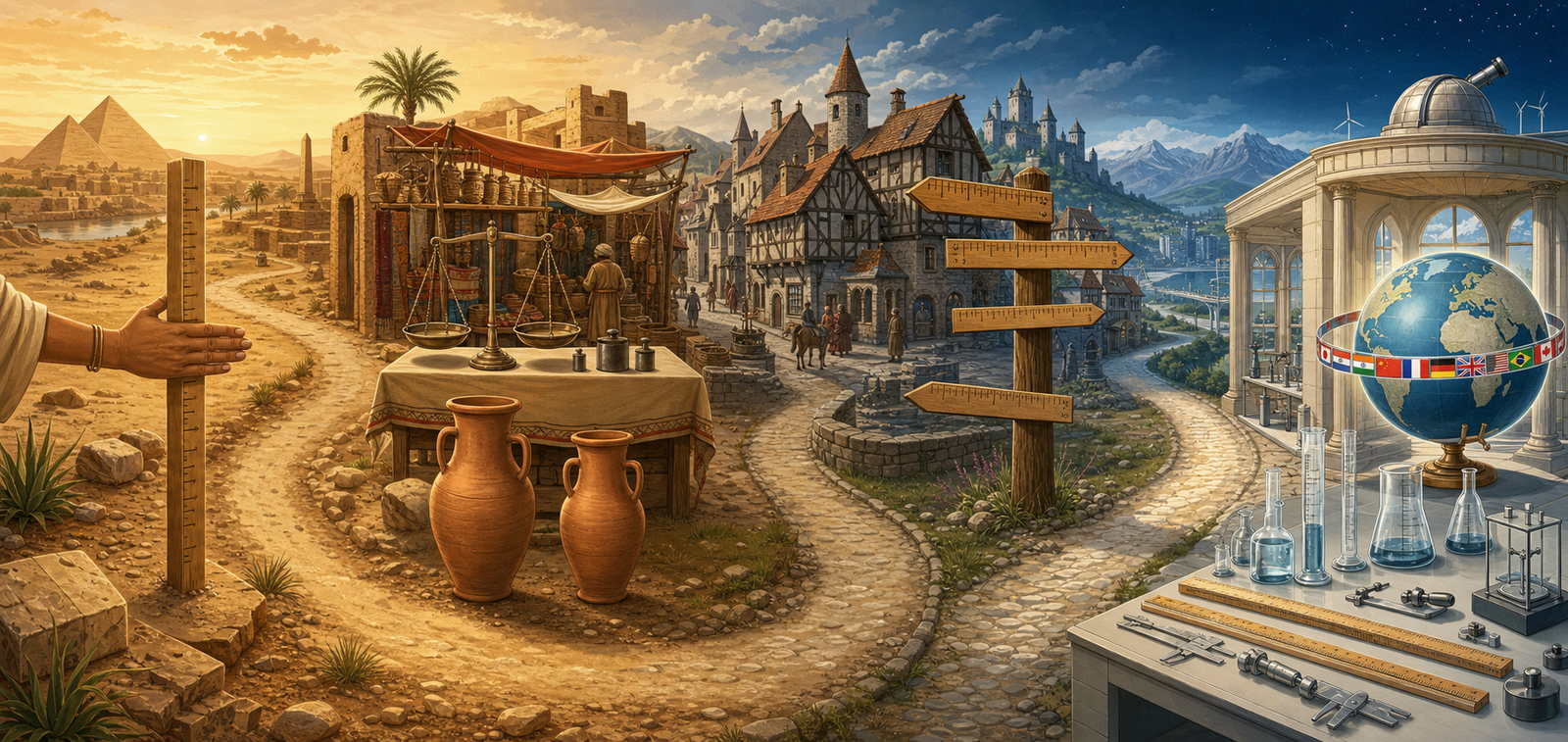 Ilustração mostrando a evolução dos sistemas de medidas ao longo da história: da mão humana aos jarros e balanças de mercado, passando pela desordem medieval de réguas divergentes, até os instrumentos científicos modernos e o globo simbolizando o padrão internacional.