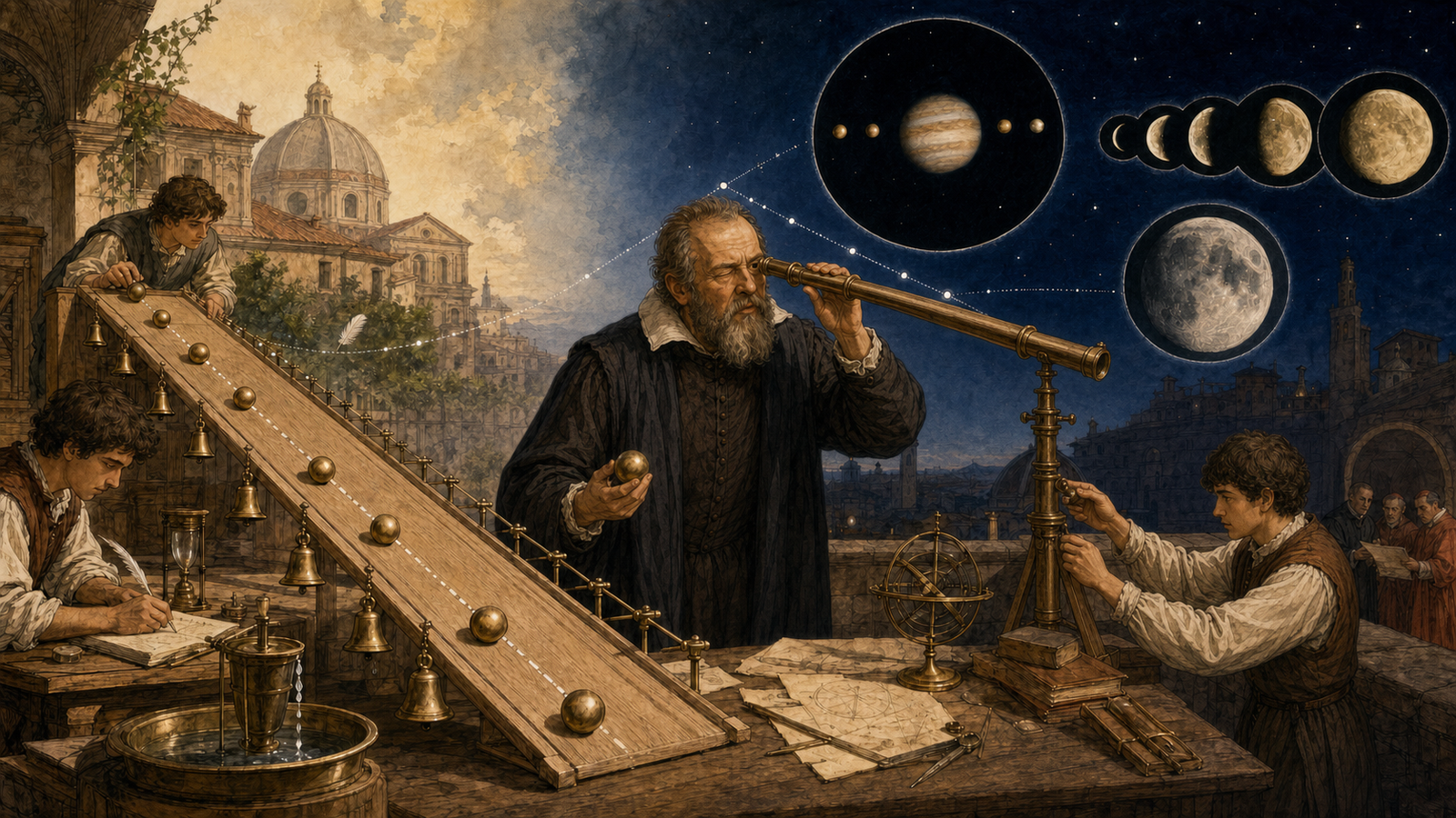 Ilustração de Galileu Galilei estudando o movimento com planos inclinados e observando o céu com um telescópio, mostrando as luas de Júpiter e as fases de Vênus, representando suas duas grandes contribuições: a investigação quantitativa do movimento e a observação sistemática do céu