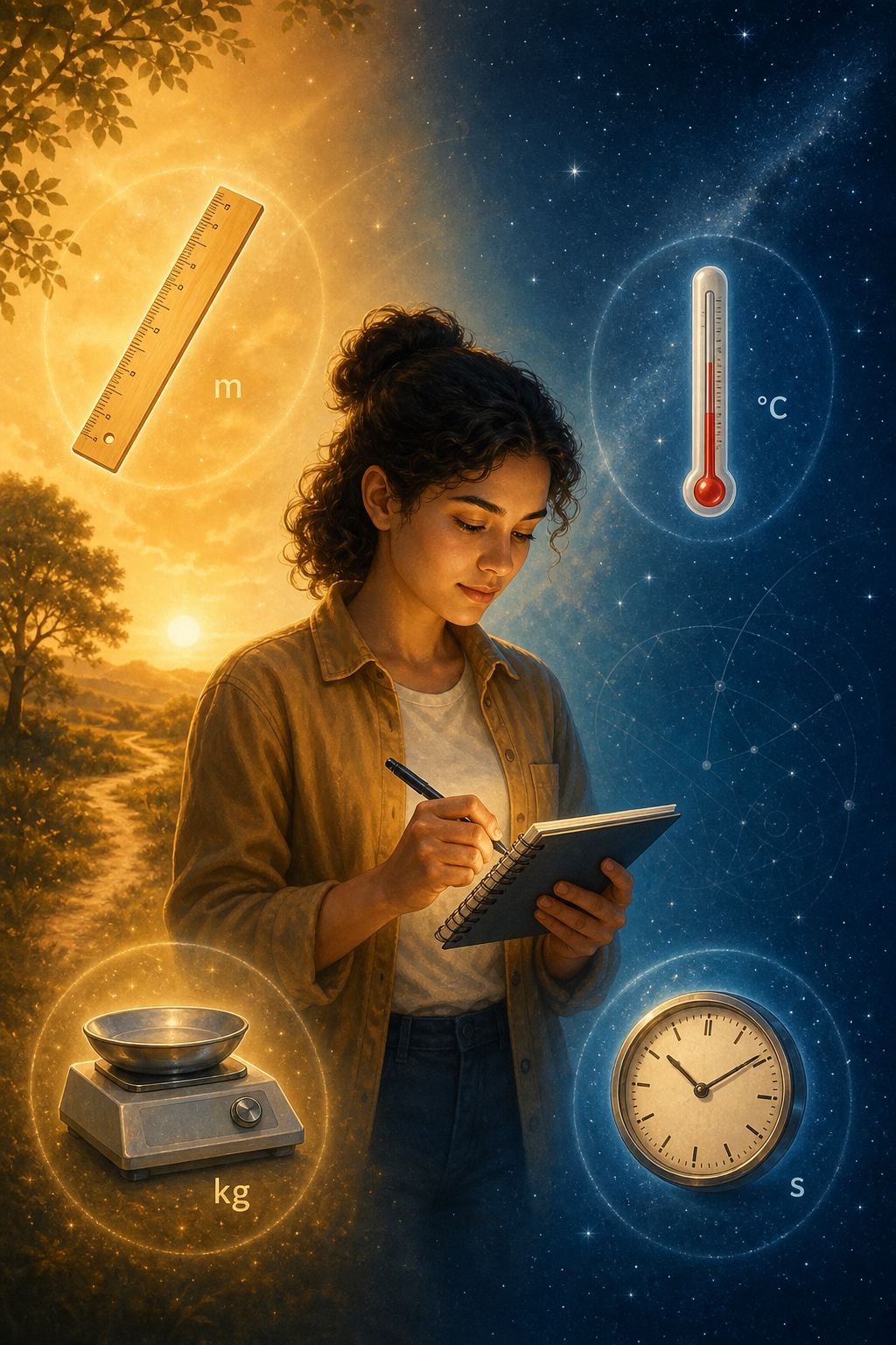 Ilustração simbólica de uma pessoa anotando observações em um caderno, cercada por instrumentos de medição — régua, termômetro, balança e relógio — sob um céu que evolui do dourado ao azul estrelado, representando a transição da observação cotidiana à medição científica.