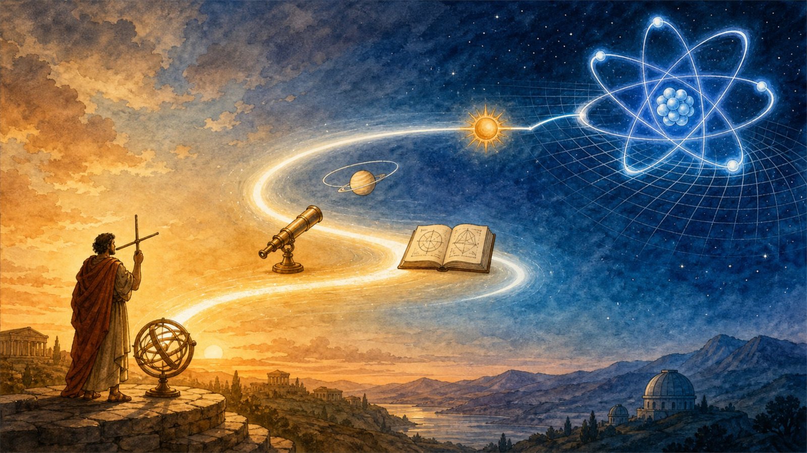 Ilustração simbólica de um arco luminoso conectando um astrônomo da Grécia antiga observando o céu com instrumentos simples, em tons dourados de pôr do sol, até um átomo estilizado com órbitas quantizadas sobre um céu estrelado noturno, representando a evolução histórica da física da antiguidade à física moderna