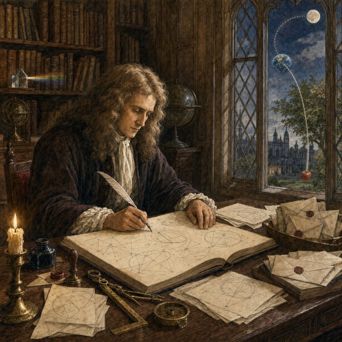Ilustração de Isaac Newton escrevendo o manuscrito dos Principia Mathematica em seu escritório em Cambridge, com diagramas geométricos de órbitas sobre a mesa, cartas de correspondência científica, e pela janela a conexão visual entre a maçã caindo e a Lua em órbita, representando a unificação da física celeste e terrestre