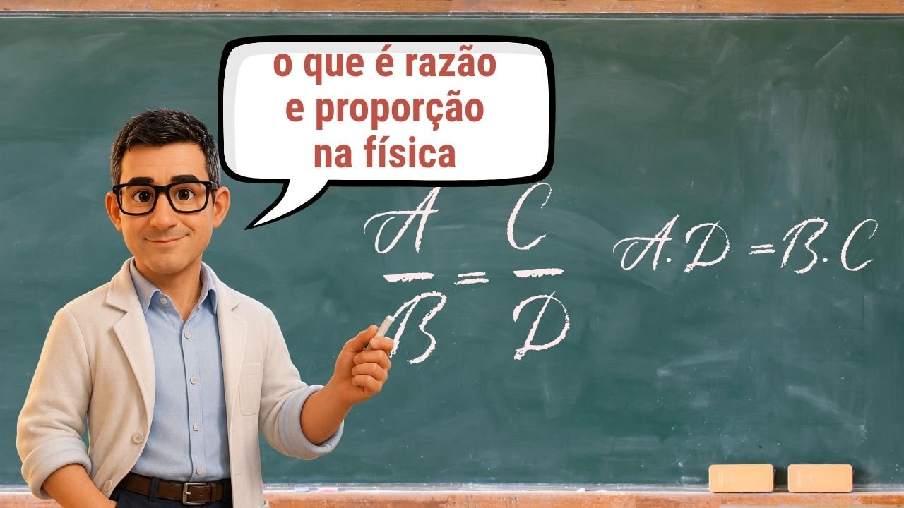 Professor de física explicando razão e proporção em um quadro-negro, com a fórmula A/B = C/D