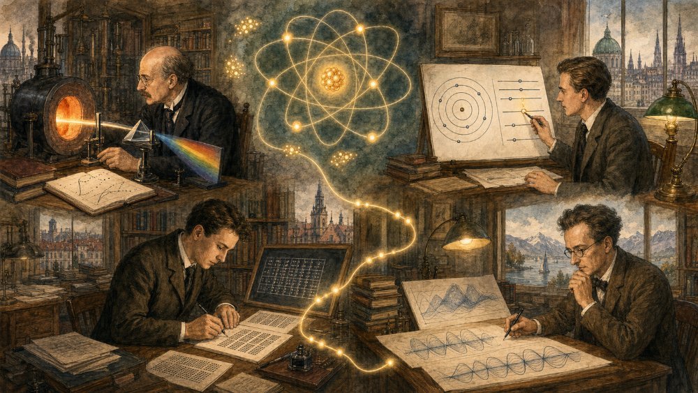 Ilustração em vinhetas conectadas por uma linha do tempo dourada, mostrando físicos como Planck, Bohr, Schrödinger e Heisenberg trabalhando em diferentes cidades europeias entre 1900 e 1926, com um átomo estilizado de elétrons em órbitas quantizadas ao centro, representando a construção coletiva da mecânica quântica