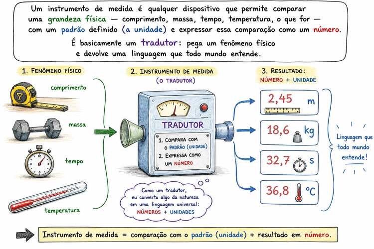 Diagrama mostrando um dos instrumentos de medida funcionando como tradutor: recebe um fenômeno físico (comprimento, massa, tempo, temperatura) e devolve um número com unidade