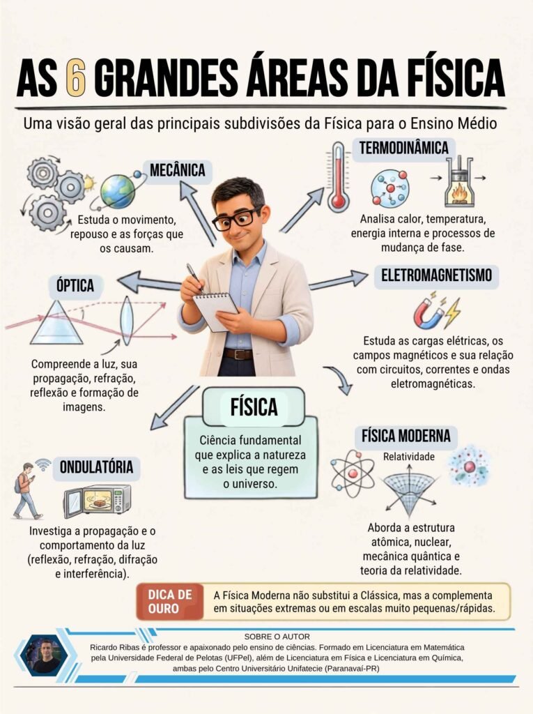 Infográfico das seis grandes áreas da Física: Mecânica, Termodinâmica, Eletromagnetismo, Ondulatória, Óptica e Física Moderna.