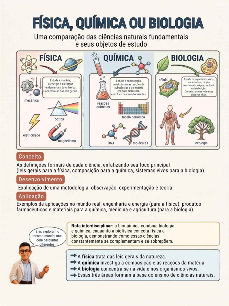 Comparação entre Física, Química e Biologia, mostrando seus principais objetos de estudo e a relação entre essas ciências naturais.