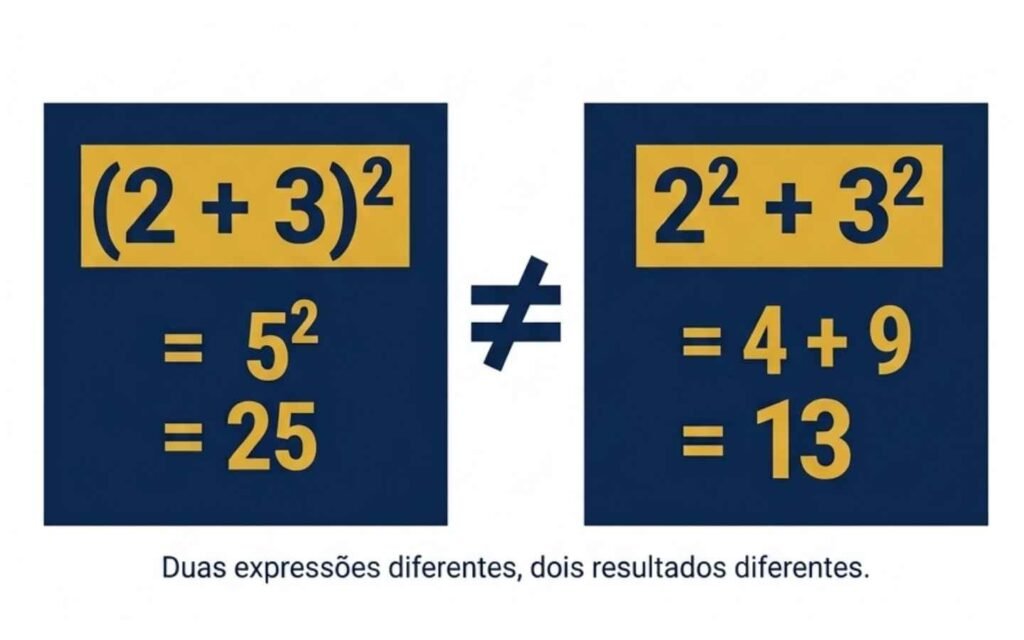 Comparação entre (2+3)² = 5² = 25 e 2² + 3² = 4 + 9 = 13, mostrando que são duas expressões diferentes com resultados diferentes.