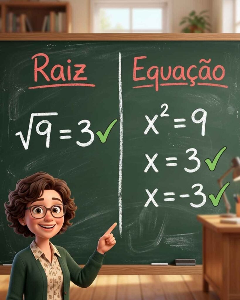 Comparação entre raiz quadrada de 9, que tem resultado único igual a 3, e a equação x² = 9, que tem duas soluções, x = 3 e x = -3