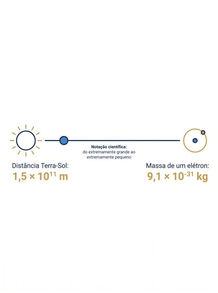 Escala comparando a distância Terra-Sol (1,5 × 10¹¹ metros) e a massa de um elétron (9,1 × 10⁻³¹ quilogramas), ilustrando o uso da notação científica do extremamente grande ao extremamente pequeno.