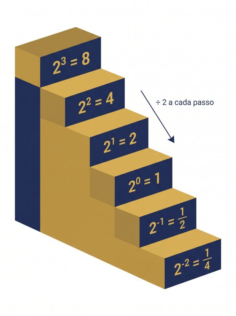 Escada de potências de base 2, do expoente 3 ao expoente -2: 2³=8, 2²=4, 2¹=2, 2⁰=1, 2⁻¹=1/2, 2⁻²=1/4, cada degrau dividindo o resultado anterior por 2.