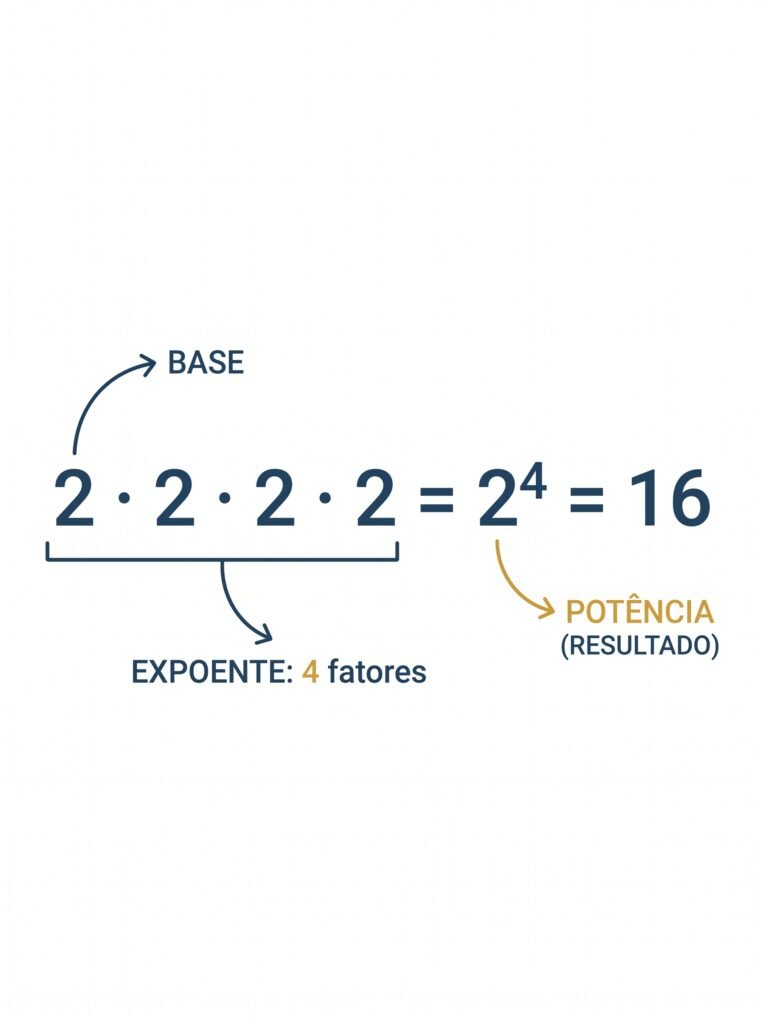 Diagrama mostrando as partes de uma potência: 2 · 2 · 2 · 2 = 2⁴ = 16, com a base, o expoente (contando os 4 fatores) e a potência (o resultado 16) identificados.