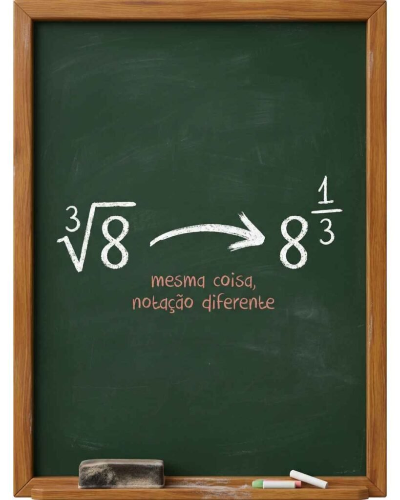 Diagrama mostrando que raiz cúbica de 8 e 8 elevado a 1/3 são a mesma coisa, com notações diferentes