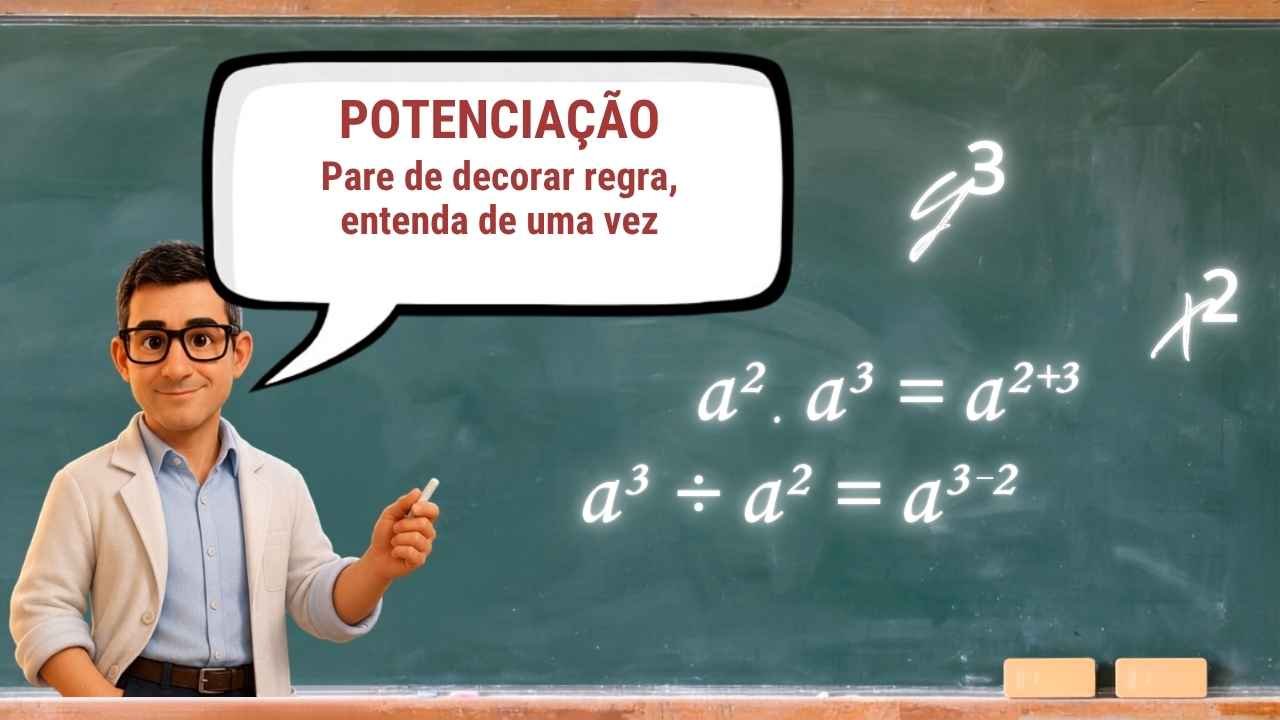 Professor de matemática aponta para fórmulas de potenciação escritas em lousa verde, incluindo a² · a³ = a²⁺³ e a³ ÷ a² = a³⁻²