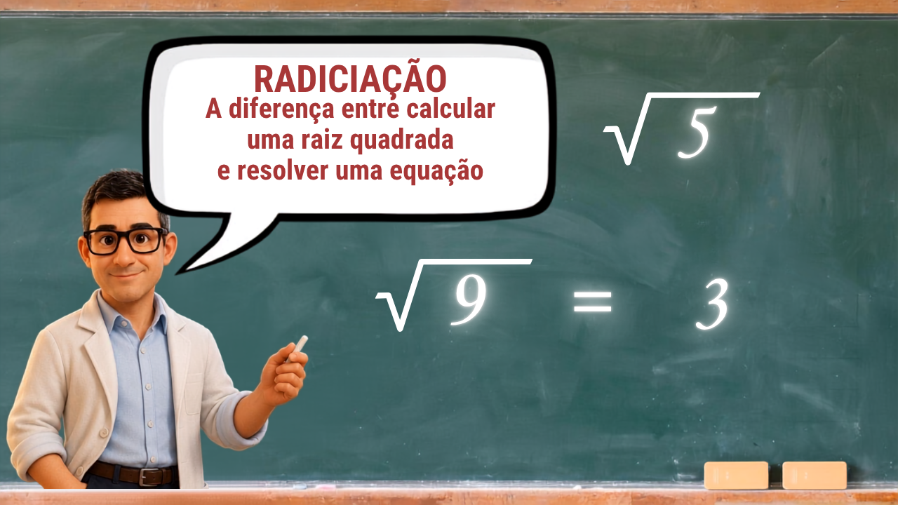 Professor explicando a diferença entre raiz quadrada (√9 = 3) e resolução de equação, ilustrando o tema radiciação