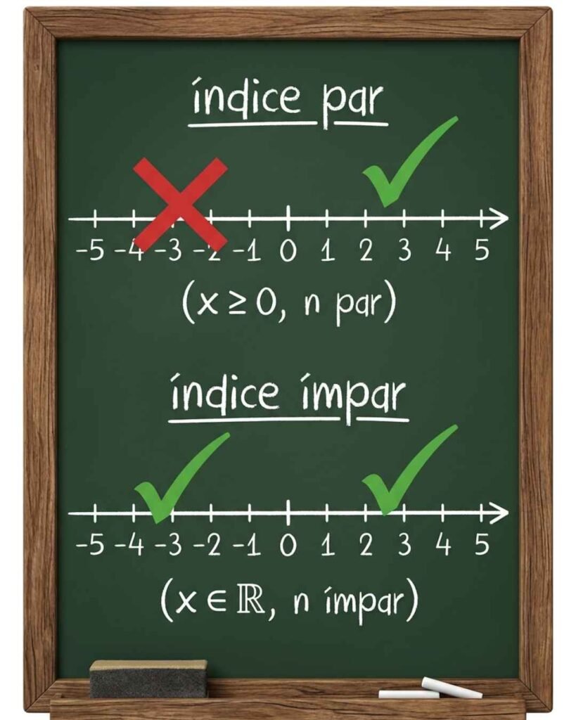 Retas numéricas comparando raiz de índice par, que só existe para números não negativos, com raiz de índice ímpar, que existe para qualquer número real